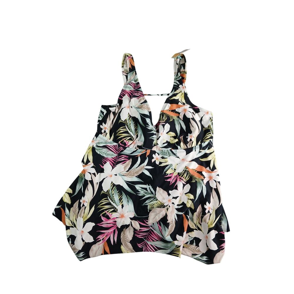 Kona Sol Swim Tankini Top Womens 1X (17-18) Floral Hawaiian Print Swing NWT